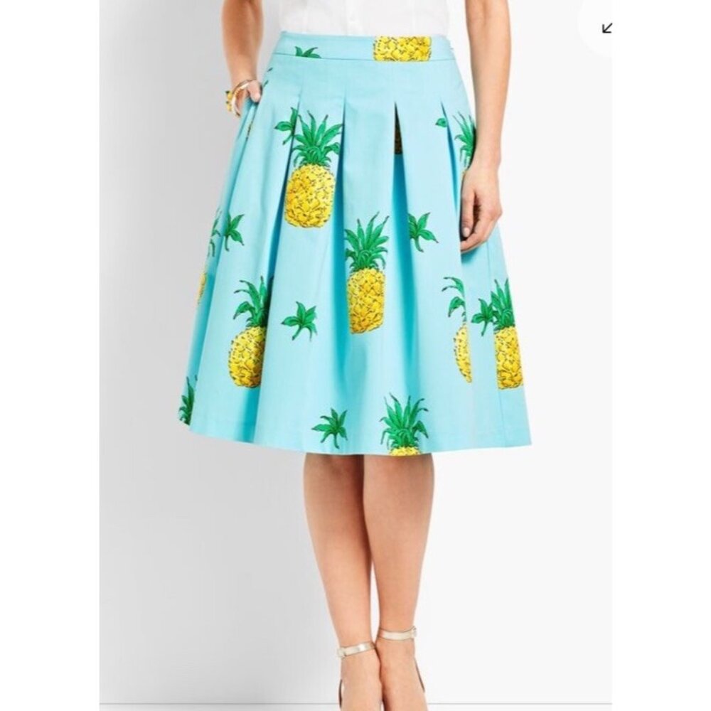 RSVP by TALBOTS Pastel Aqua Tropical Pineapple Pleated Skirt Knee Length Size 8P